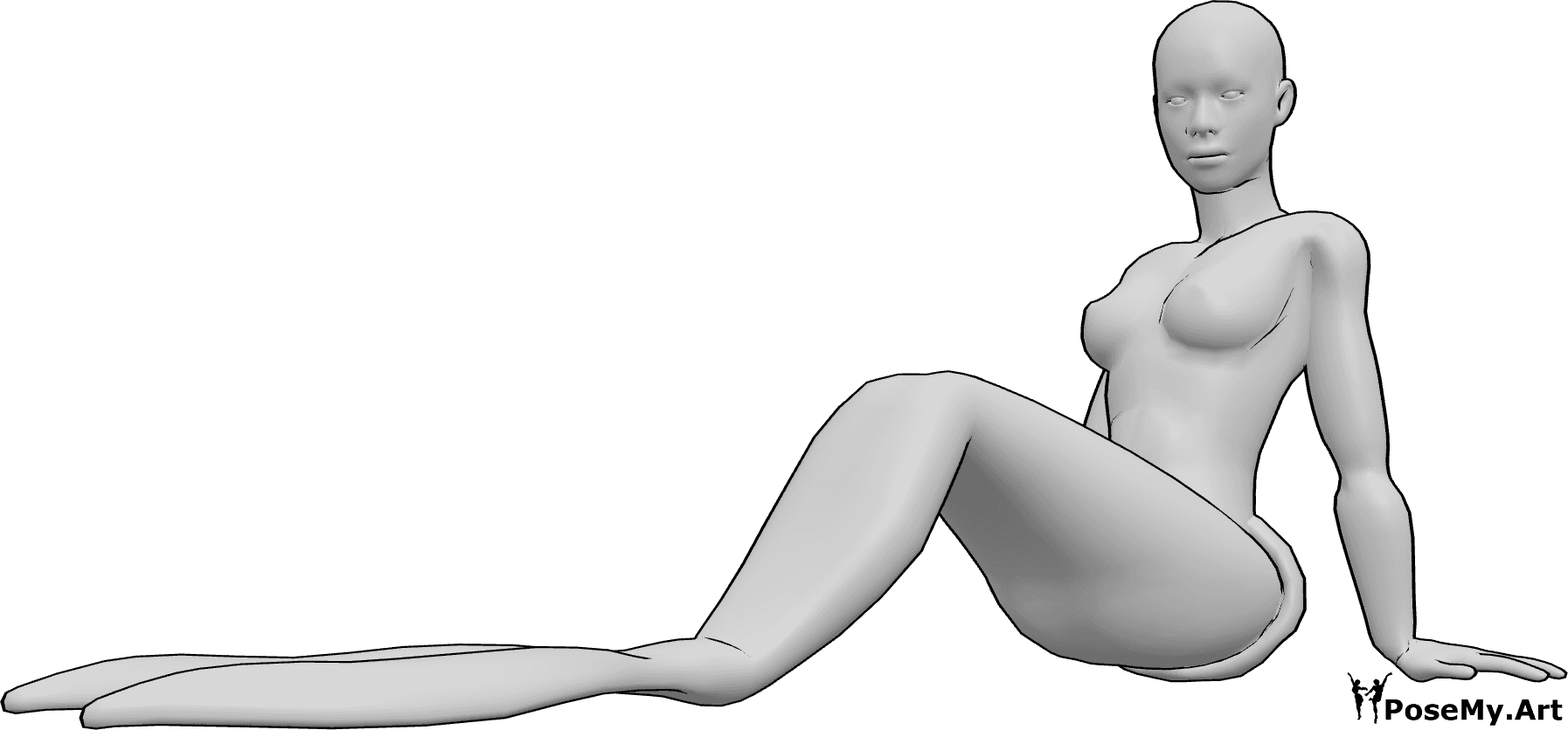 Referencia de poses- Postura sentada de sirena - Sirena femenina sentada, apoyada en las manos y mirando ligeramente a la izquierda