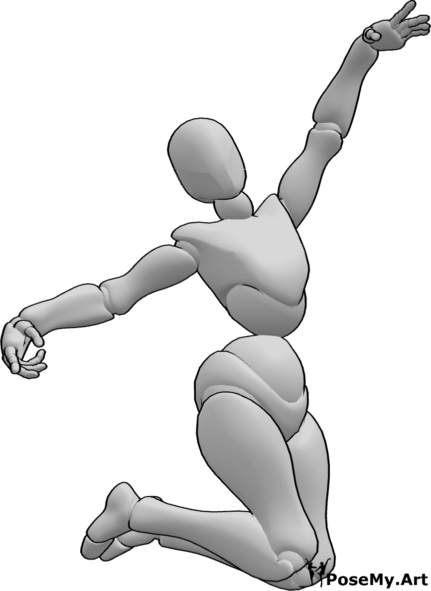 Riferimento alle pose- Mani alzate in posizione di salto - Salto acrobatico femminile in aria con posa a mani alzate