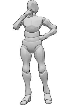 Pose Reference- Male standing  thinking pose - Male is standing, holding his chin and thinking, male head drawing reference