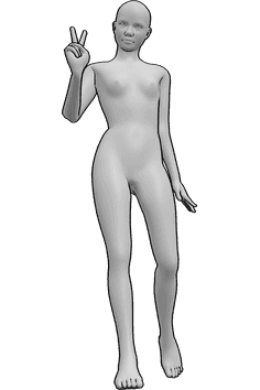 Pose Reference- Teen fit female pose - Teen fit female is standing, making peace sign with her right hand