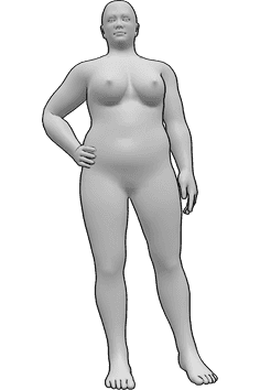 Pose Reference- Stocky female standing pose - Stocky female is standing, her right hand is on her hip, looking forward