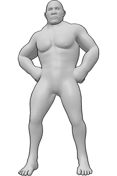 Referência de poses- Pose de homem bruto em pé - Homem bruto está de pé, com as mãos nas ancas, referência de desenho de tipos de corpo