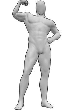 Référence des poses- Homme musclé debout - Homme musclé debout, montrant ses muscles, main gauche sur la hanche.