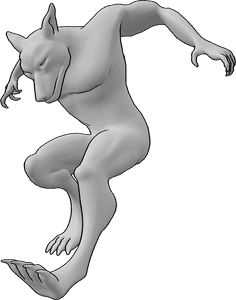 Référence des poses- Pose du loup-garou sautant - Le loup-garou saute, regarde vers le bas, pose dynamique de saut du loup-garou