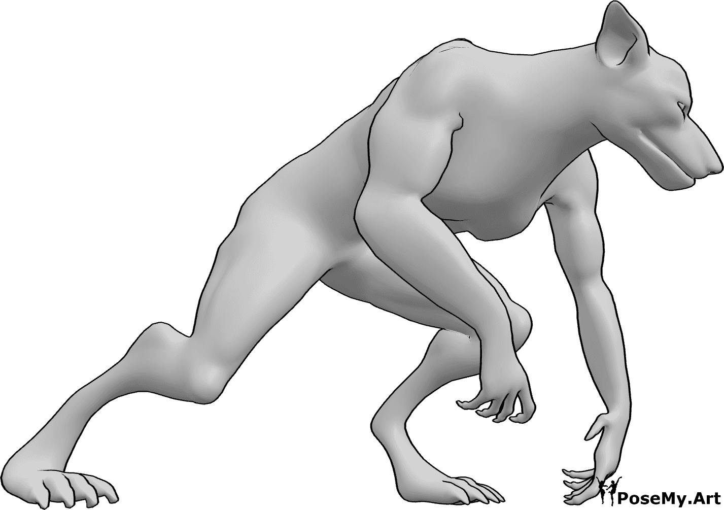 Referencia de poses- Postura de caza del hombre lobo - Hombre lobo está subiendo, mirando ligeramente hacia la izquierda, hombre lobo dibujo de referencia