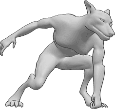 Référence des poses- Pose d'atterrissage du loup-garou - Le loup-garou atterrit en s'appuyant sur sa main gauche et en s'équilibrant avec sa main droite.