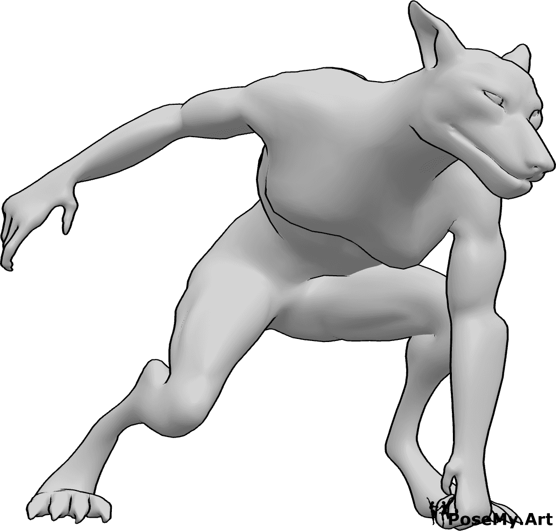 Referencia de poses- Postura de aterrizaje de hombre lobo - Werewolf está aterrizando, apoyándose en su mano izquierda y balanceándose con su mano derecha