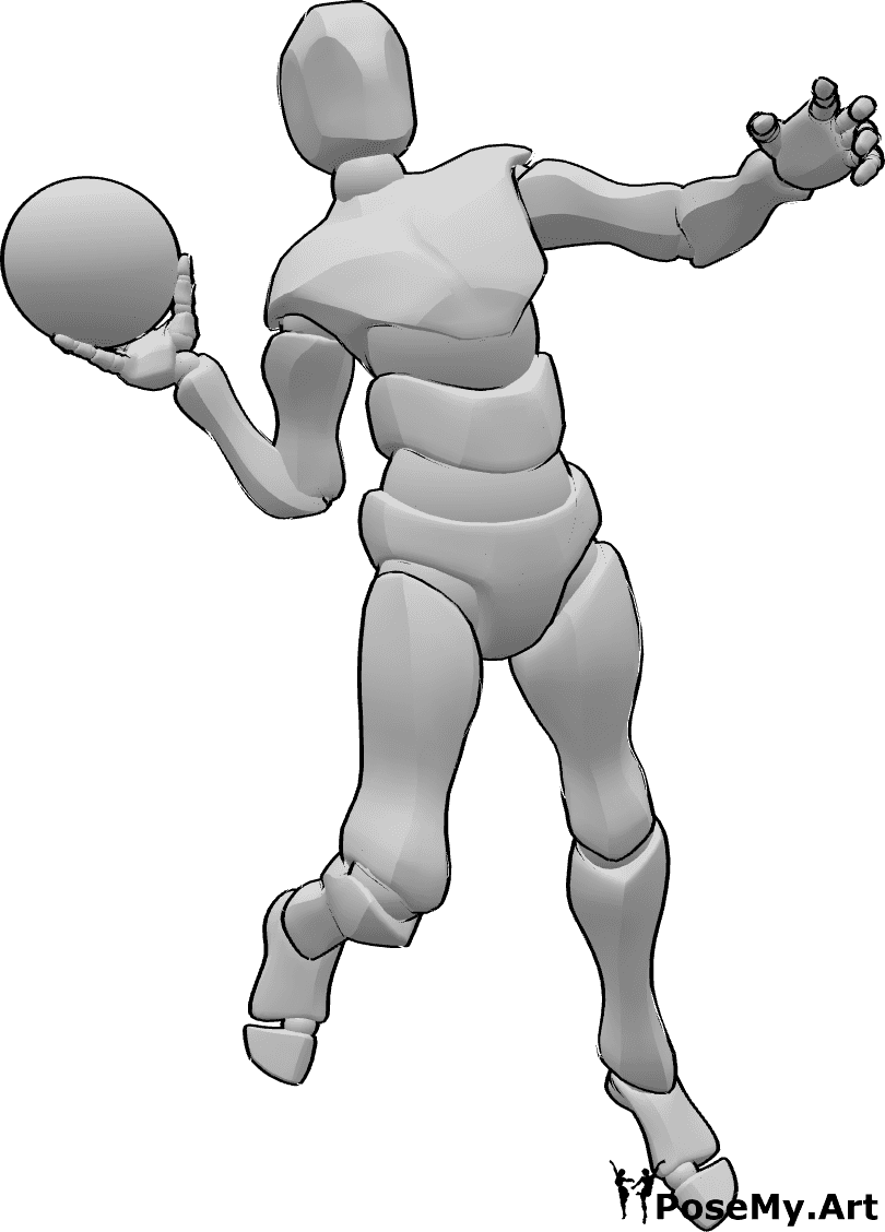 Riferimento alle pose- Posa di salto con il pallone da basket - Giocatore di basket maschio sta saltando in alto posa