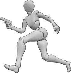 Referencia de poses- Postura de pistola corriendo - Mujer corriendo, con una pistola en la mano derecha y mirando hacia atrás.