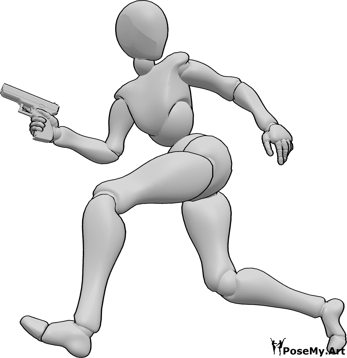 Referencia de poses- Postura de pistola corriendo - Mujer corriendo, con una pistola en la mano derecha y mirando hacia atrás.