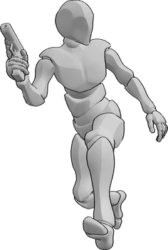 Pose Reference- Male holding pistol running pose - Male is running, holding a pistol in his right hand and looking to the left