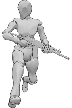 Pose Reference- Male holding gun running pose - Male is running, holding a galil with both hands and looking to the right