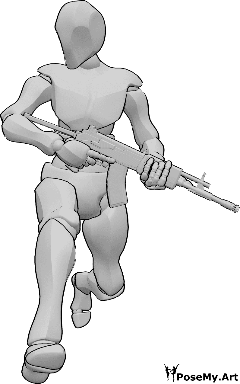 Pose Reference- Male holding gun running pose - Male is running, holding a galil with both hands and looking to the right