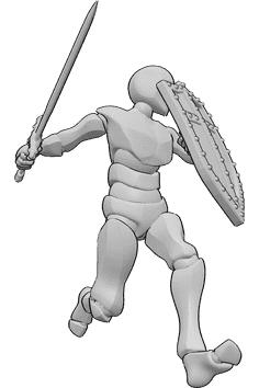 Pose Reference- Holding sword running pose - Male is running, holding a shield in his left hand and a sword in his right hand