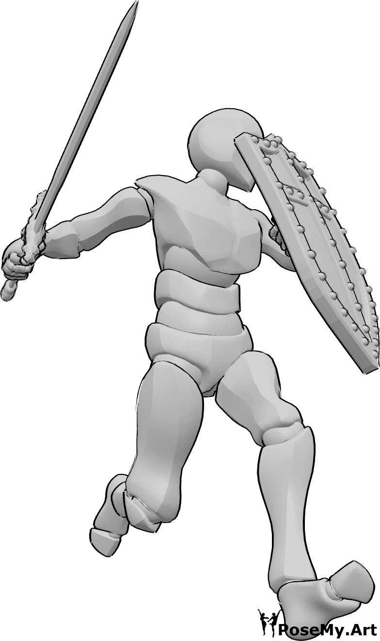 Pose Reference- Holding sword running pose - Male is running, holding a shield in his left hand and a sword in his right hand