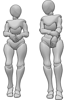 Pose Reference- Shy females standing pose - Two shy females are standing and looking at each other, shy standing pose