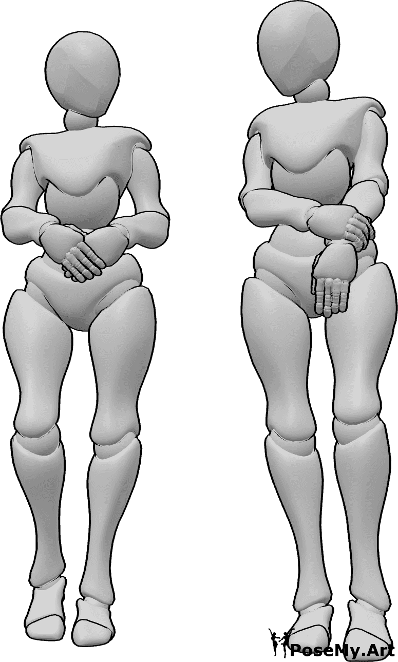 Pose Reference- Shy females standing pose - Two shy females are standing and looking at each other, shy standing pose