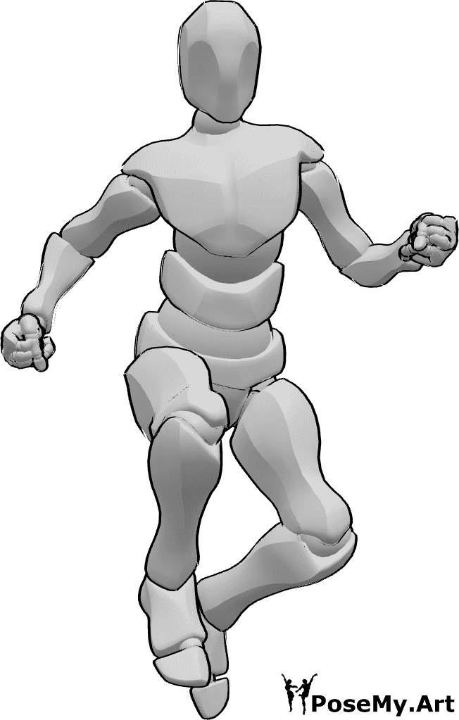 Pose Reference- High jump pose - Male jumps up high with clenched fists pose