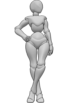 Pose Reference- Standing looking left pose - Female is standing, holding her hip with her right hand, crossing her legs