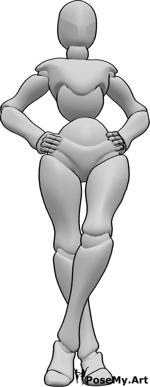 Pose Reference- Female holding hips pose - Female is standing with her legs crossed, holding her hips with both hands