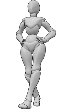 Pose Reference- Holding hips walking pose - Female is walking, holding her hips with both hands, holding hips pose