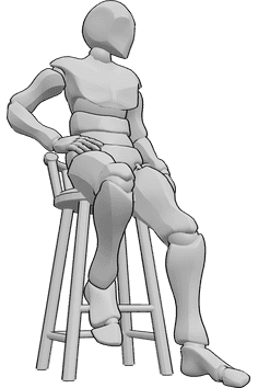 Pose Reference- Sitting holding hip pose - Male is sitting on the bar stool, holding his hip with his right hand