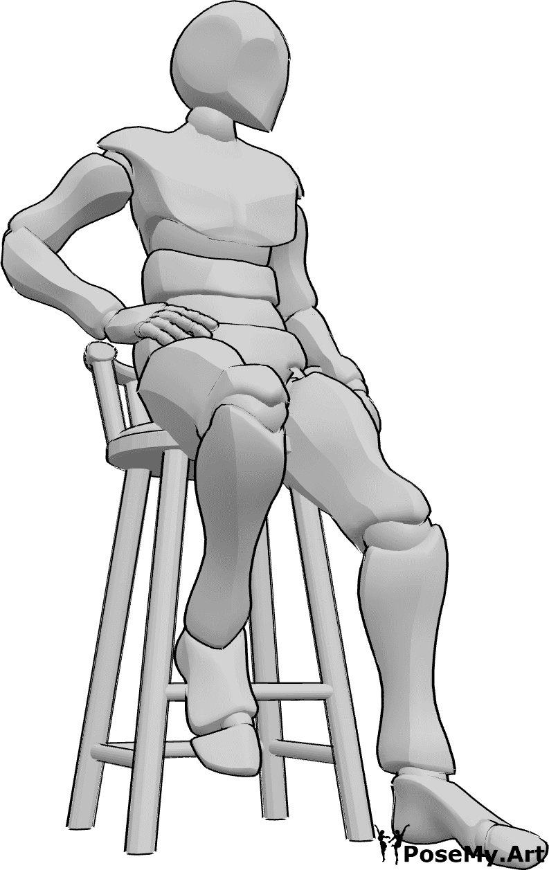 Pose Reference- Sitting holding hip pose - Male is sitting on the bar stool, holding his hip with his right hand