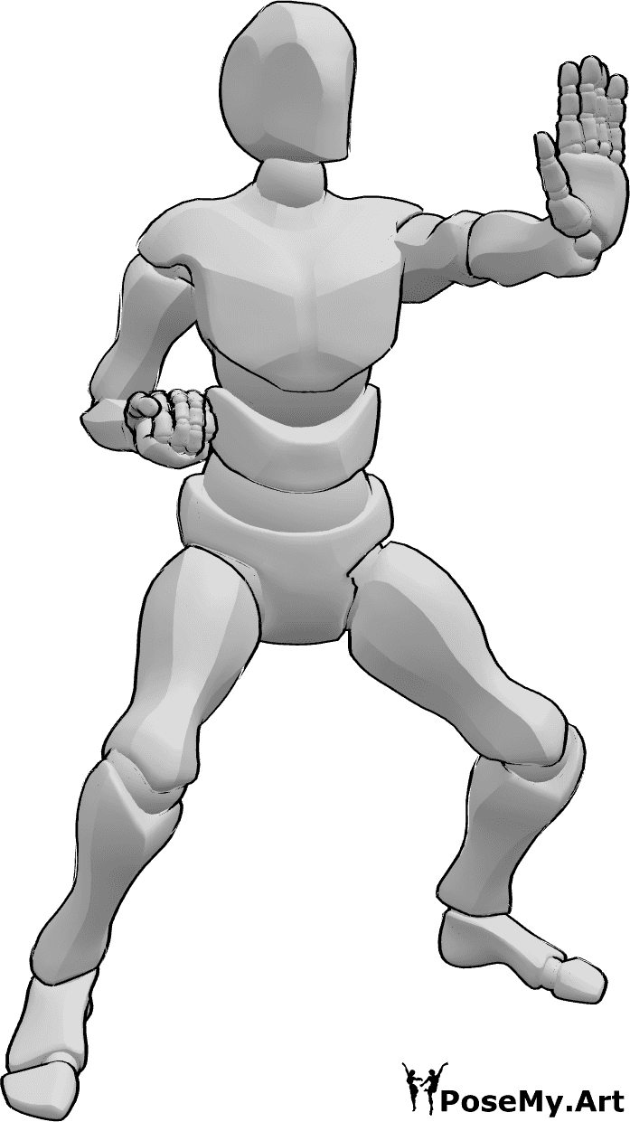 Référence des poses- Pose de karaté main gauche - Homme avec la main gauche levée, pose de karaté