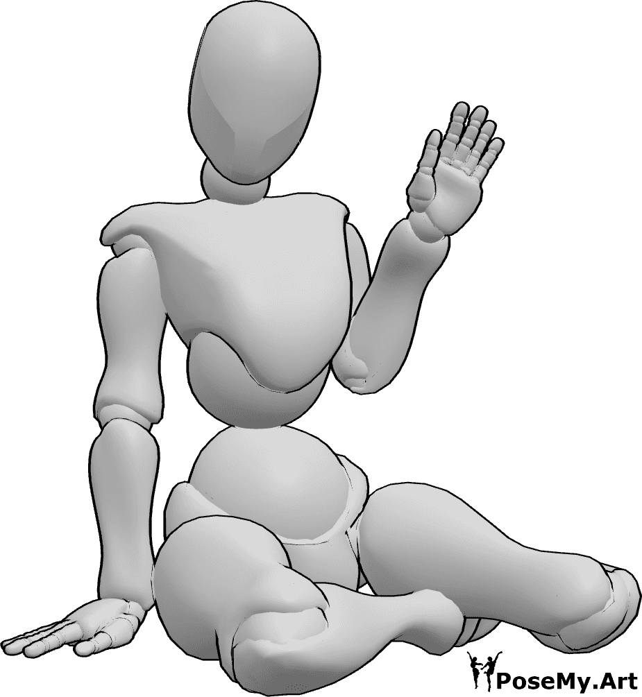 Pose Reference- Knee sitting waving pose - Female is sitting on her knees and waving with her left hand