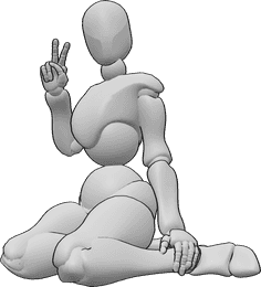 Pose Reference- Cute knee sitting pose - Female is sitting on her knees and making peace sign with her right hand