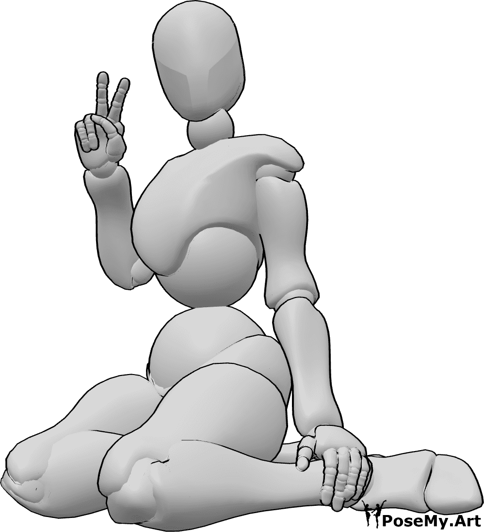 Referencia de poses- Bonita postura sentada de rodillas - Mujer sentada de rodillas haciendo el signo de la paz con la mano derecha.