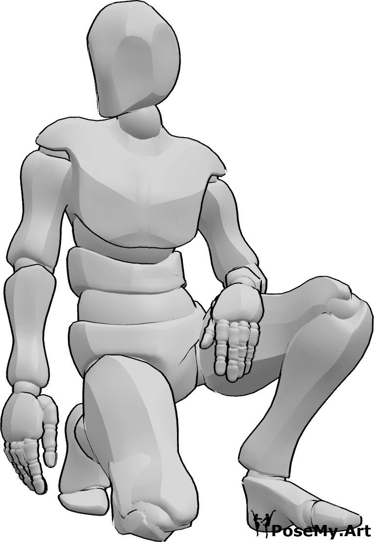 Pose Reference- Male knee sitting pose - Male is sitting on his right knee and looking to the right