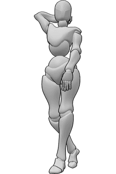 Pose Reference- Holding thigh standing pose - Female is standing and holding her thigh with her left hand, raising her right hand