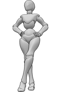 Pose Reference- Holding hips pose - Female is standing with her legs crossed and holding her hips, looking slightly to the right