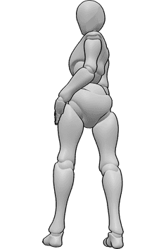 Pose Reference- Looking back pose - Female is standing, looking back over her left shoulder and holding her thighs