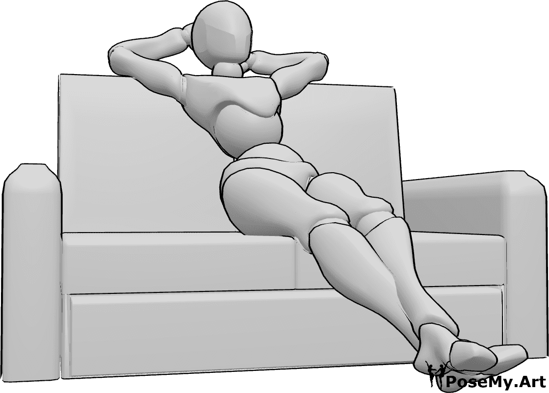 Pose Reference- Female couch sitting pose - Female is sitting relaxed on the couch, crossing her legs, female relaxed sitting pose