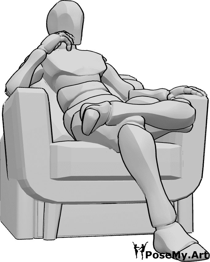 Referência de poses- Postura sentada relaxada na poltrona - Homem sentado no cadeirão, relaxado, a pensar em algo, pose de homem sentado relaxado