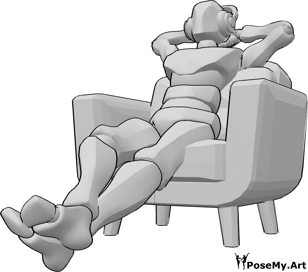 Referencia de poses- Escuchar música postura relajada - El hombre está sentado en el sillón, relajado y escuchando música con los auriculares.