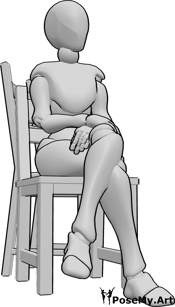 Pose Reference- Female chair sitting pose - Female is sitting relaxed on the chair, with her hands and legs crossed