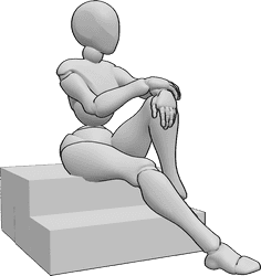 Referência de poses- Pose sentada relaxada nas escadas - Mulher sentada descontraidamente nas escadas e a olhar para a esquerda, pose de mulher sentada descontraída