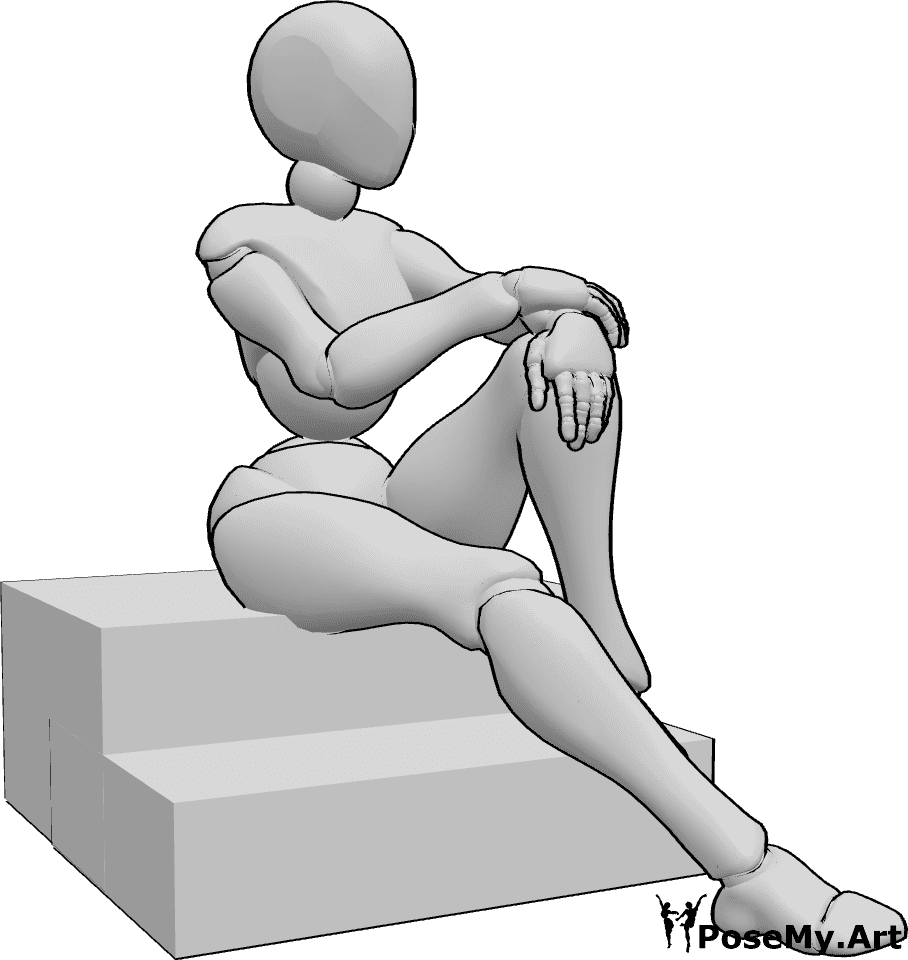 Referência de poses- Pose sentada relaxada nas escadas - Mulher sentada descontraidamente nas escadas e a olhar para a esquerda, pose de mulher sentada descontraída