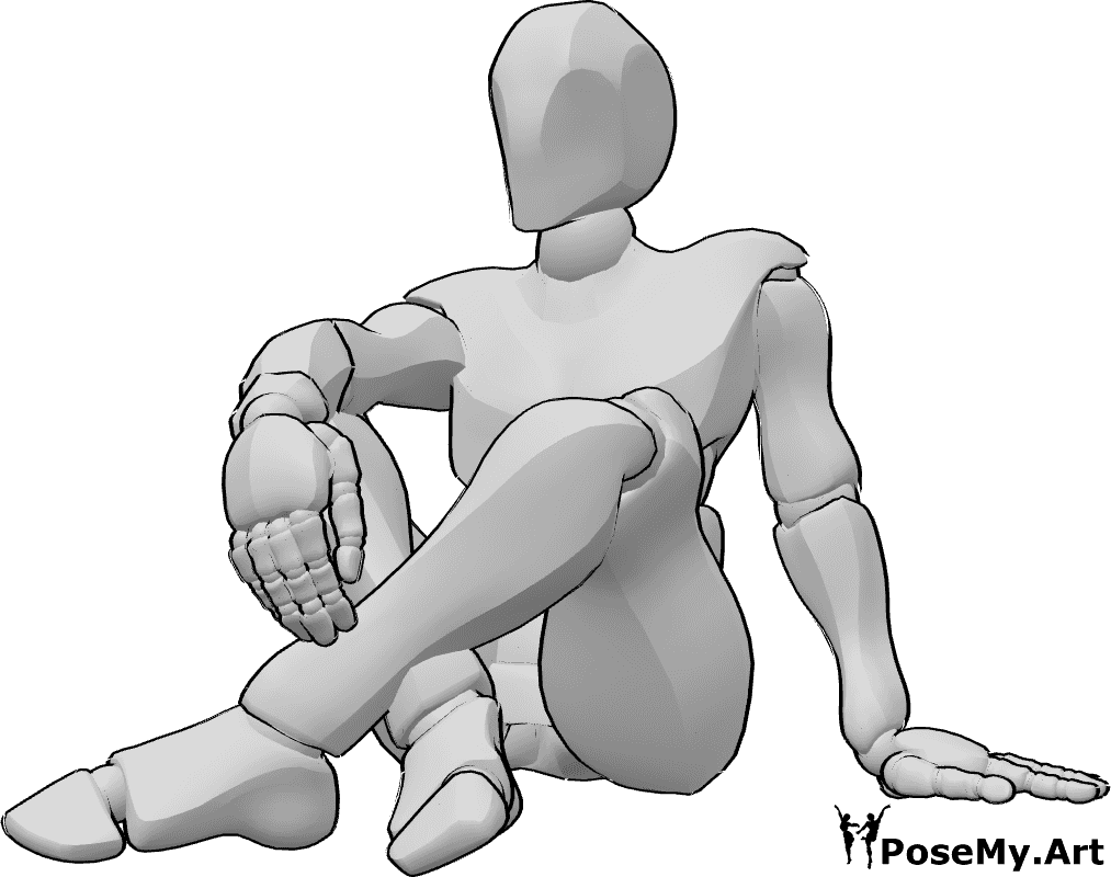 Pose Reference- Sitting cross legged pose - Male is sitting cross-legged, leaning on his left hand, resting his right hand on his knee