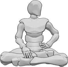 Pose Reference- Holding hip sitting pose - Male is sitting cross-legged and holding his hip with his left hand, looking to the left