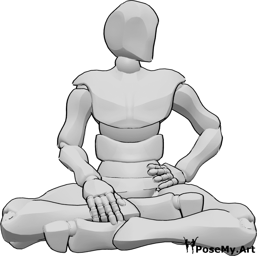 Pose Reference- Holding hip sitting pose - Male is sitting cross-legged and holding his hip with his left hand, looking to the left