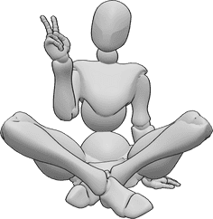 Pose Reference- Cute cross legged pose - Female is sitting on the floor cross-legged and making a peace sign with her right hand