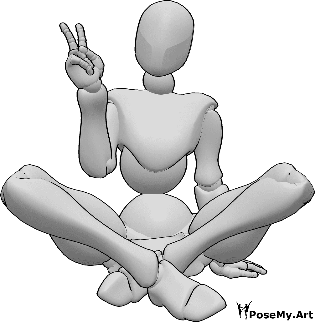 Pose Reference- Cute cross legged pose - Female is sitting on the floor cross-legged and making a peace sign with her right hand