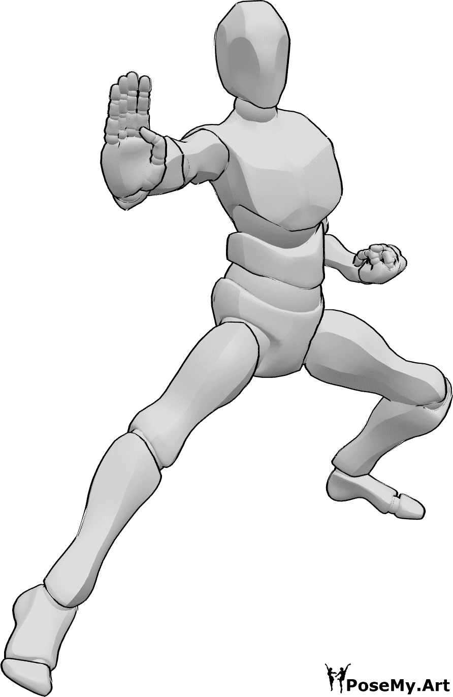 Riferimento alle pose- Invitante posa da combattimento di karate - L'uomo invita a combattere in una posa di karate