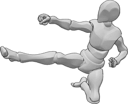 Pose Reference - Air kick karate pose - Male kicks in the air with right foot karate pose