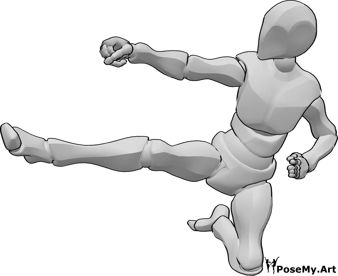 Riferimento alle pose- Posa di karate a calcio d'aria - Uomo calcia in aria con il piede destro in posizione di karate