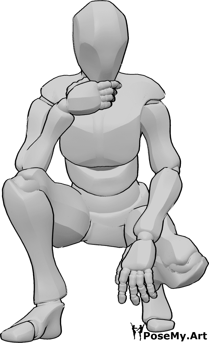 Pose Reference- Crouching holding chin pose - Male is crouching and thinking, holding his chin with his right hand